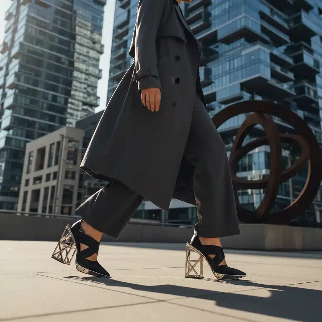 Model walking in architectural heels with a geometric design in a modern urban setting.