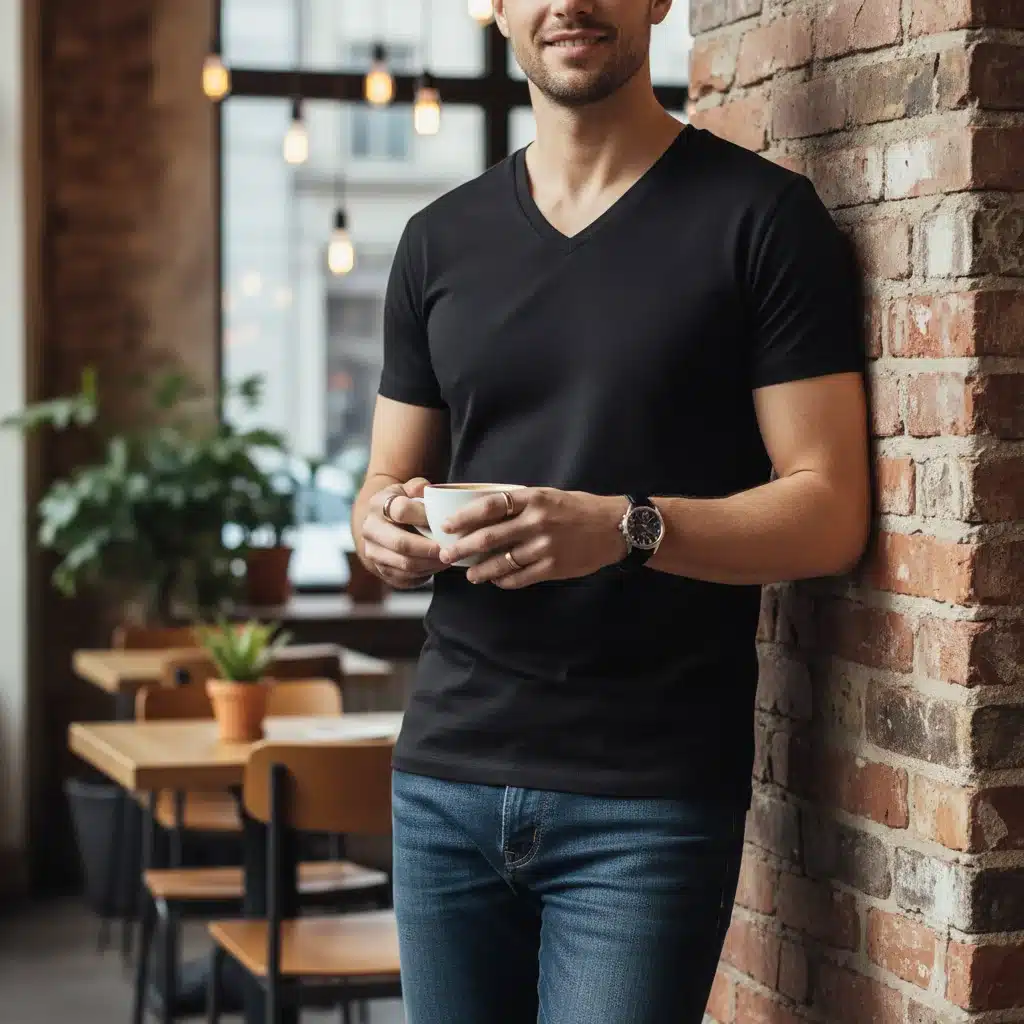 Person casually wearing a black V-neck t-shirt and jeans in a cafe, demonstrating casual chic style.