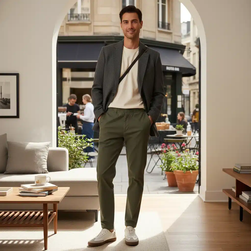 Stylish individual in a blazer, t-shirt, chinos, and sneakers, ideal for smart casual remote work.