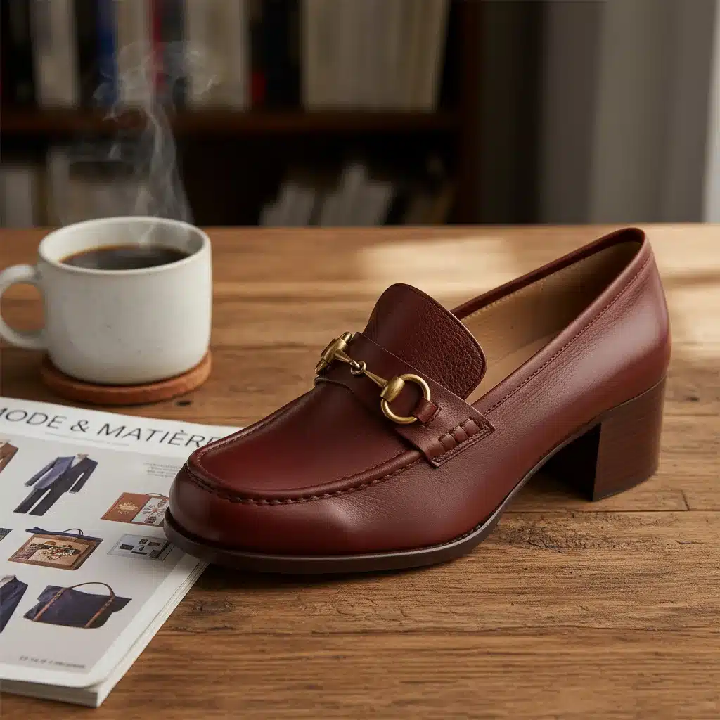 Stylish block heel loafer on wooden table with coffee and magazine