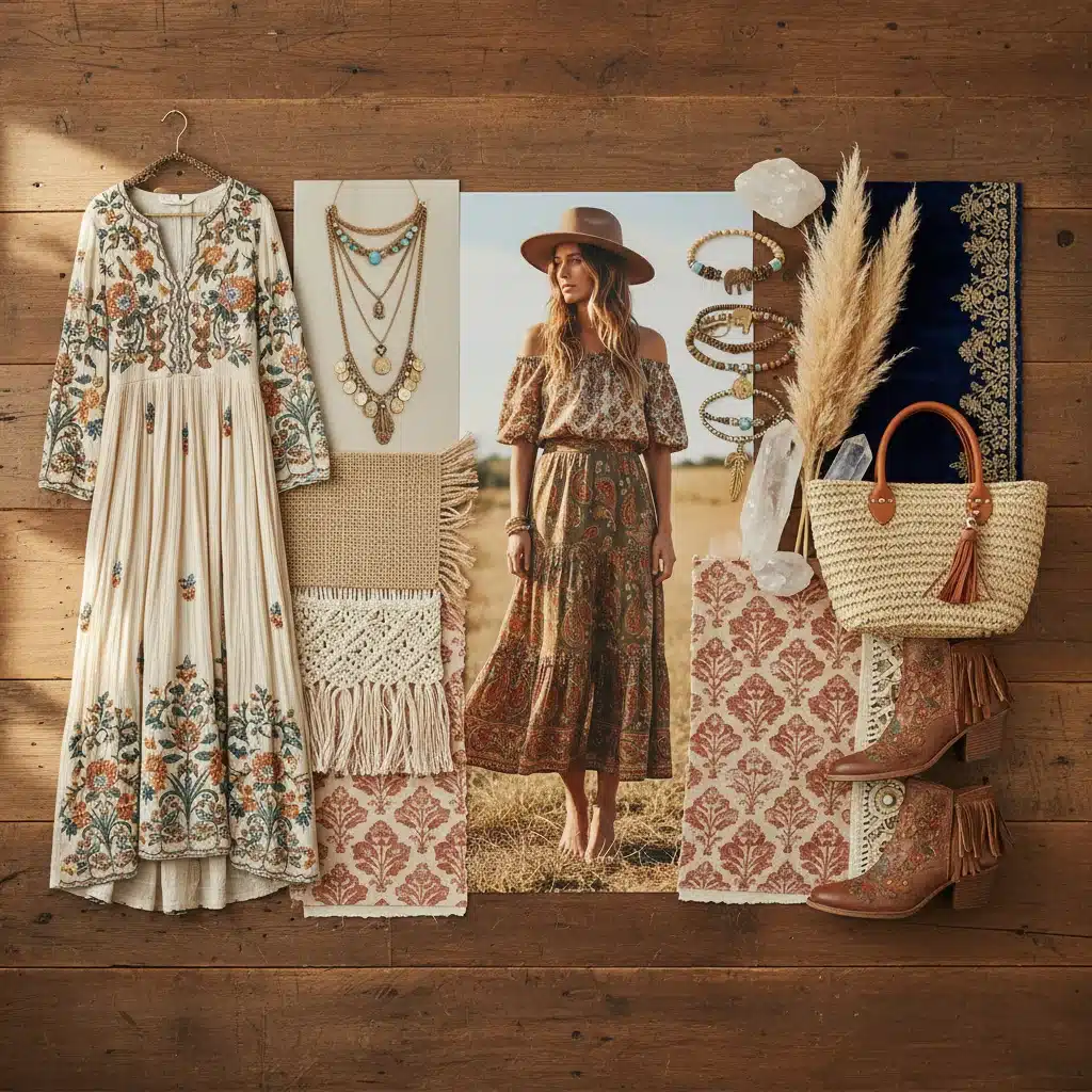 Bohemian chic style personality mood board with textiles and accessories.