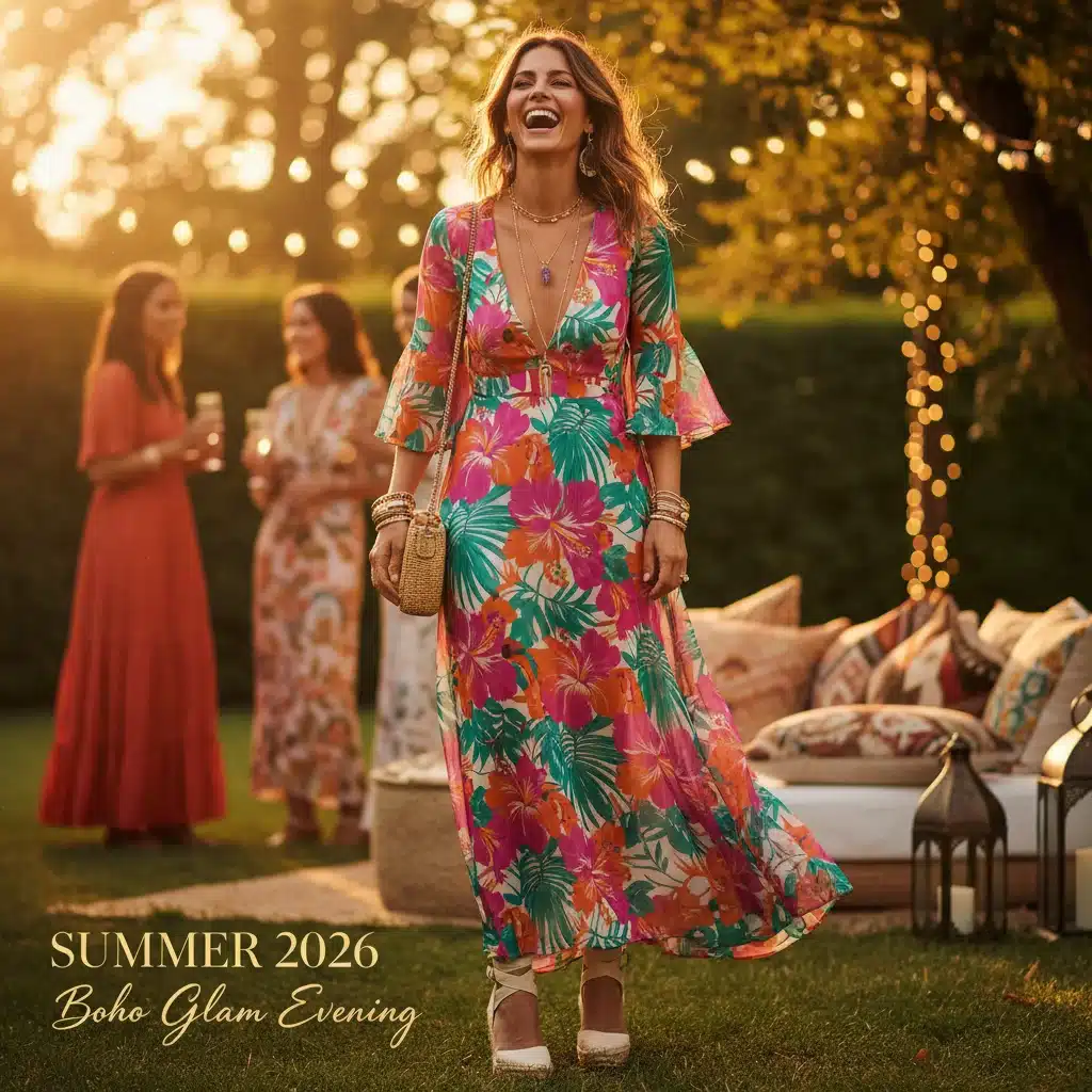 Person in floral maxi dress at evening event, showcasing boho glam for Summer 2026.