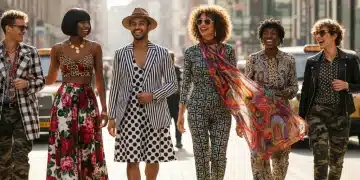 Stylish people showcasing bold print combinations on a city street, demonstrating diverse fashion trends.