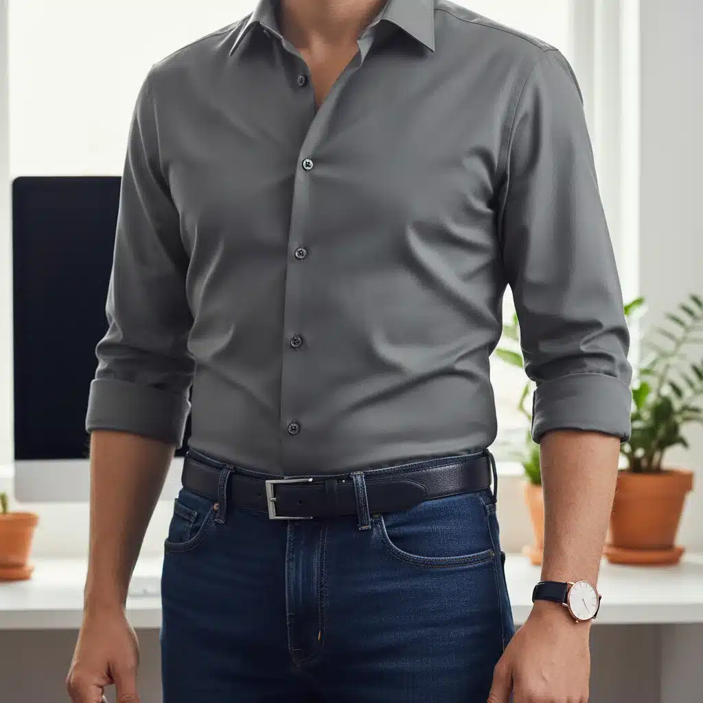 Close-up of a professional wearing a button-down shirt and dark jeans for remote work.
