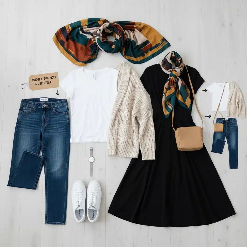 Capsule wardrobe essentials for creating multiple budget-friendly outfits.