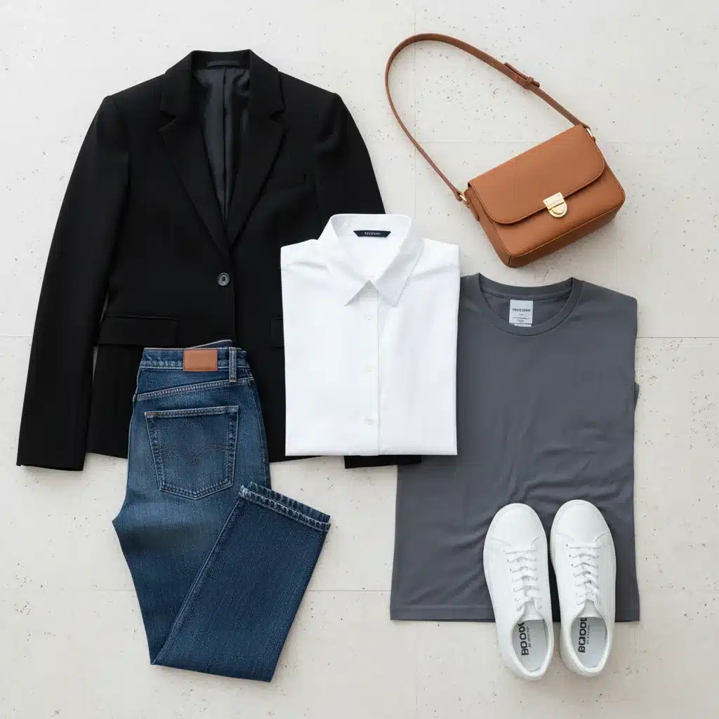 Flat lay of essential capsule wardrobe items: shirt, jeans, blazer, tee, sneakers, bag.