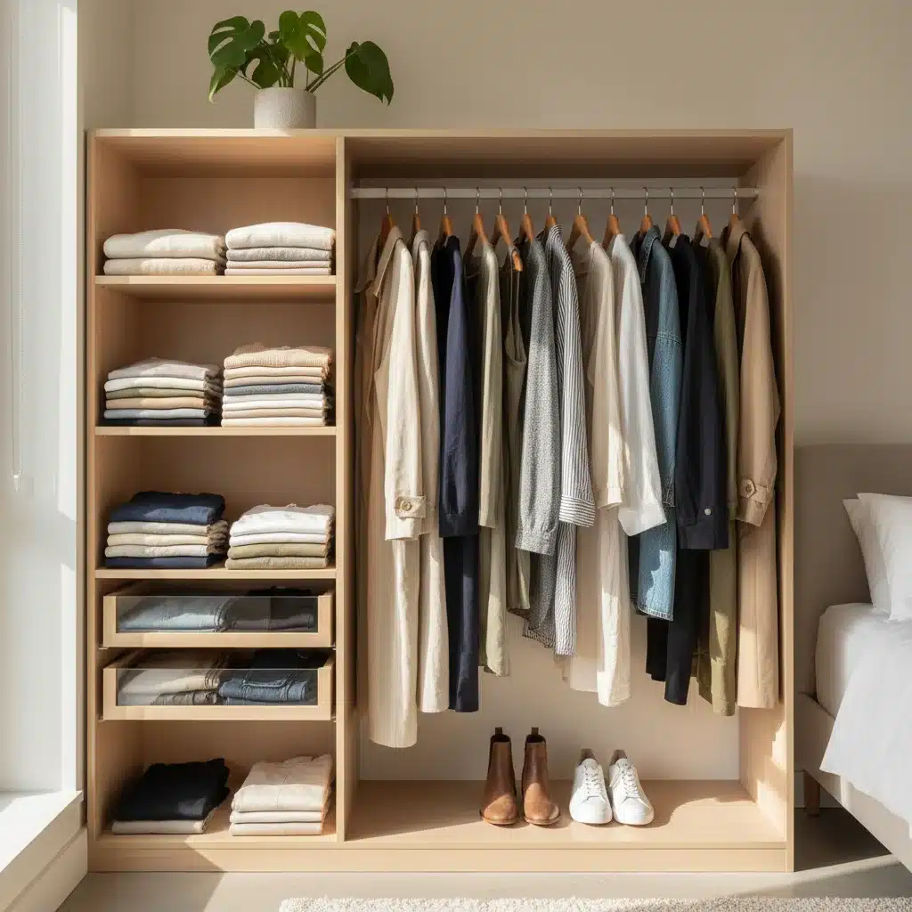 Curated capsule wardrobe with versatile, high-quality garments.
