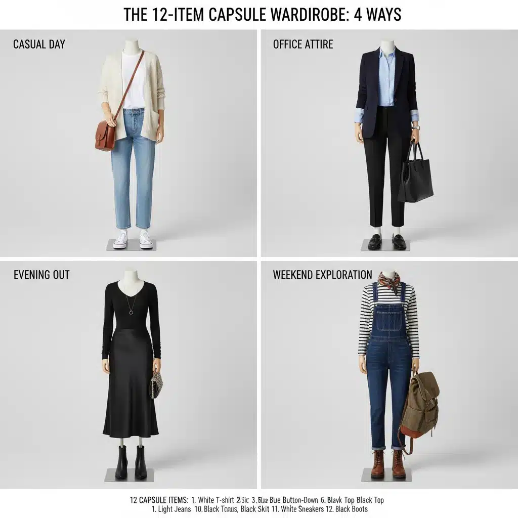 Collage showing four diverse outfits created from a 12-piece capsule wardrobe for various occasions