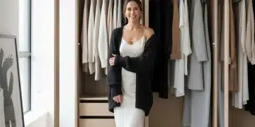 Woman with minimalist capsule wardrobe, showcasing versatile clothing.