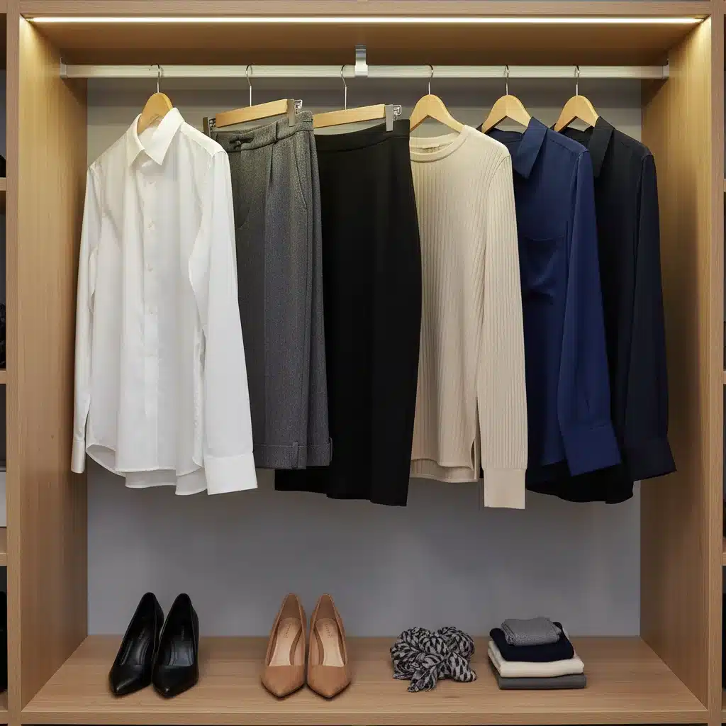 Organized capsule workwear wardrobe with tailored trousers, white shirt, skirt, knit top, and pumps, demonstrating versatility.