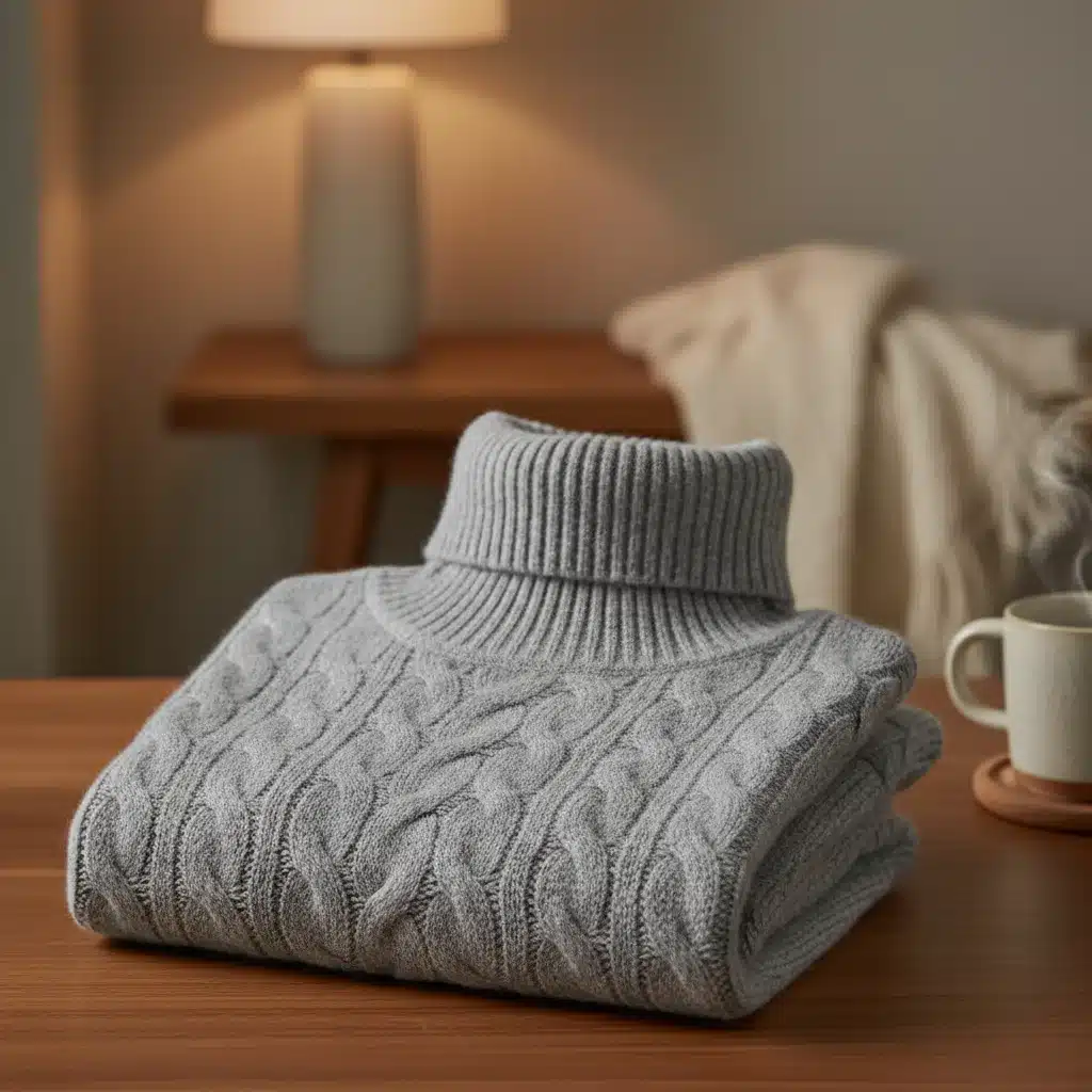 Close-up of luxurious grey cashmere turtleneck sweater, folded neatly