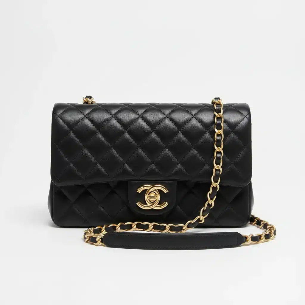 Close-up of a pristine quilted Chanel Classic Flap bag, showcasing its iconic design.