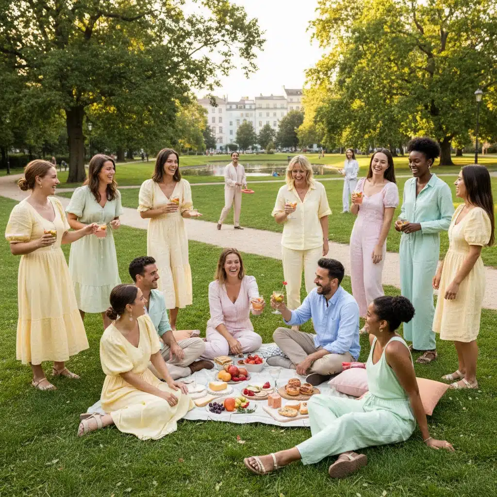 Diverse group in cheerful pastel colors enjoying a casual outdoor gathering.