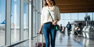 Woman in chic and comfortable travel outfit walking through airport