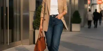 Stylish woman in chic functional wardrobe essentials walking in urban setting