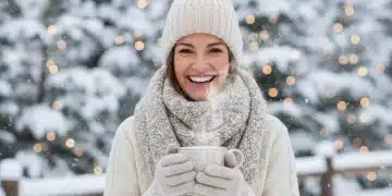 Woman in chunky cream cable-knit sweater, scarf, and beanie in snowy winter
