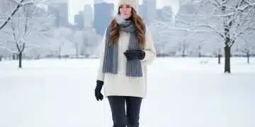 Woman in chunky knit sweater in snowy urban setting
