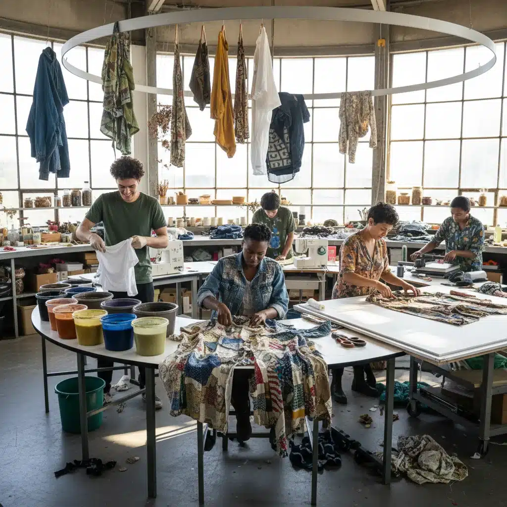 People participating in a circular fashion upcycling workshop