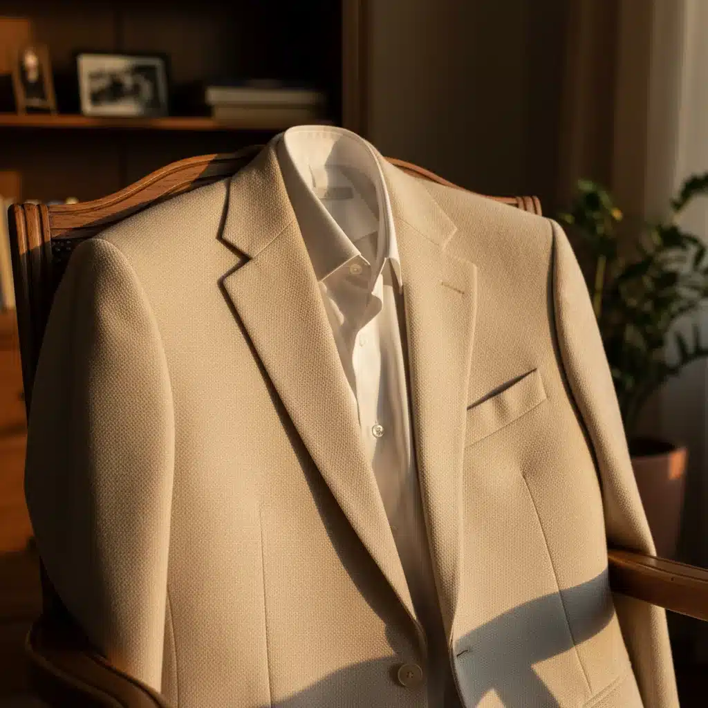 Classic neutral blazer draped over chair, versatile fashion piece