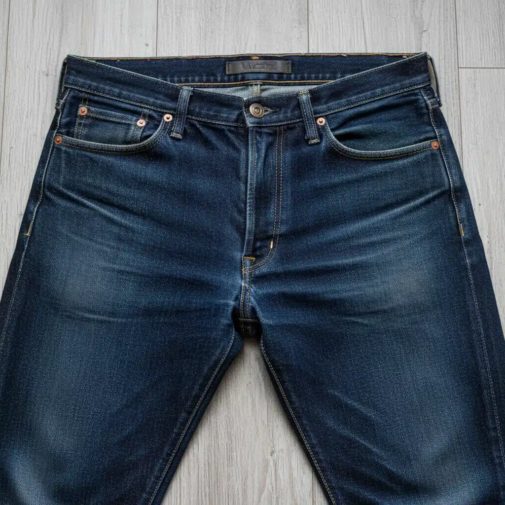 Classic dark indigo denim jeans, showcasing durability and timeless design.