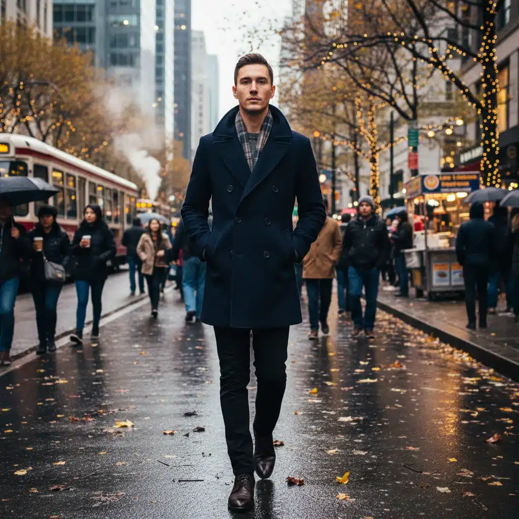 Stylish person in a classic wool peacoat on a city street