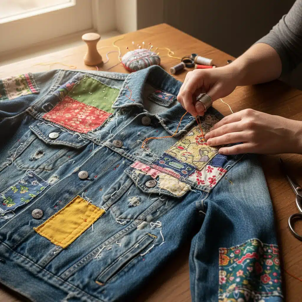 Hands mending a denim jacket with colorful patches, illustrating clothing repair.