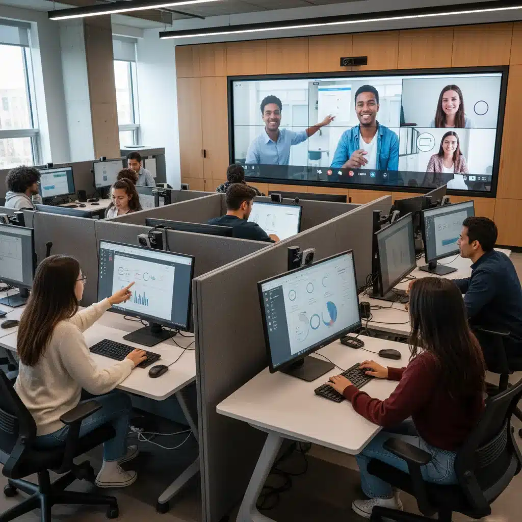 Diverse students collaborating in a modern hybrid classroom, seamlessly integrating in-person and remote participants.