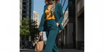 Woman in perfectly color coordinated outfit walking city street