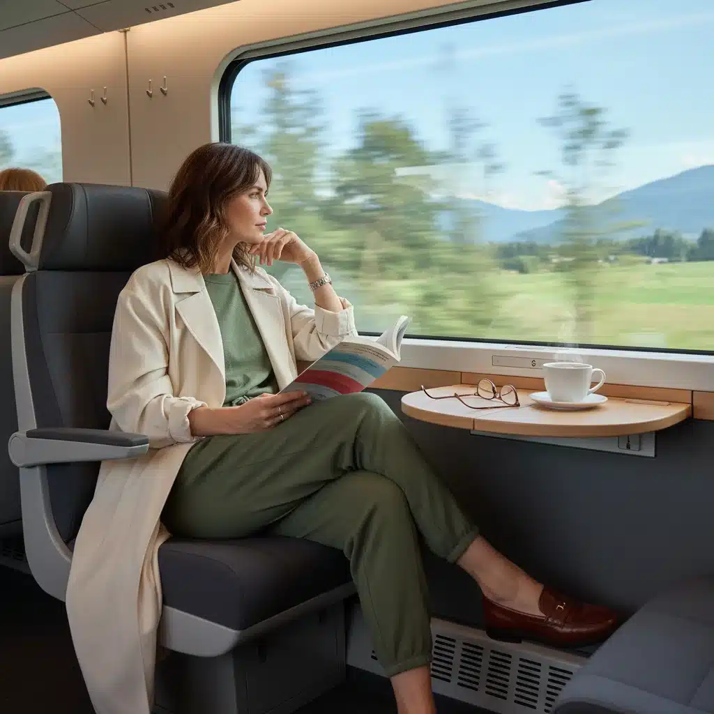 Woman in comfortable jogger set on a train