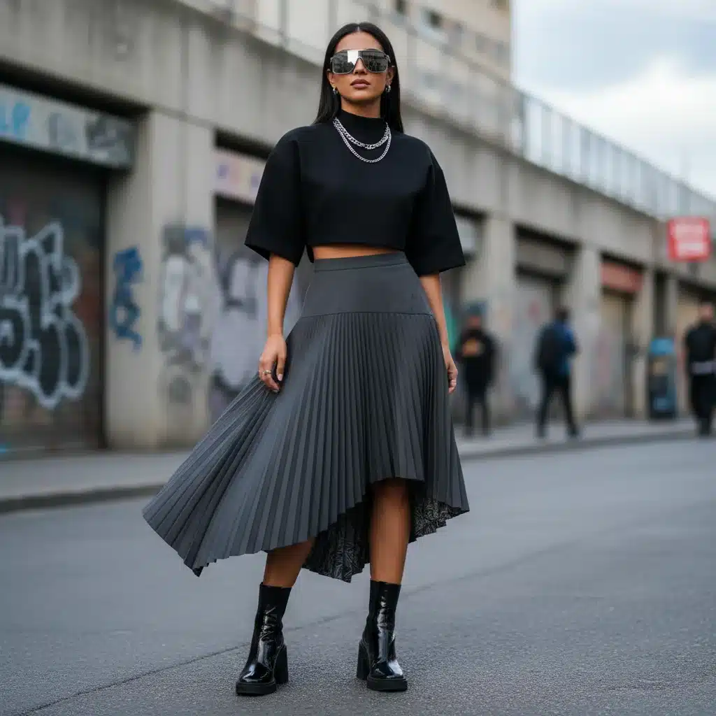 Fashionable individual in contemporary midi skirt, showcasing urban style