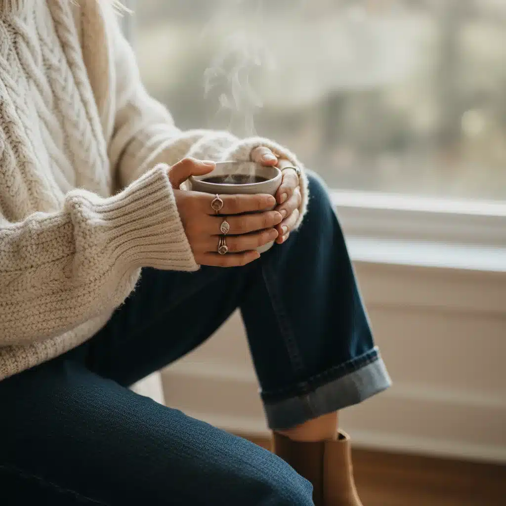 Person in oversized knit sweater and wide-leg jeans holding coffee