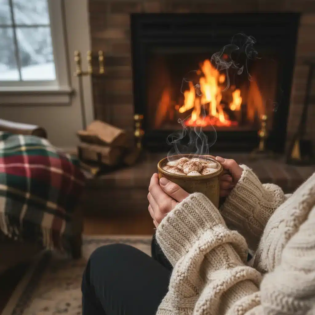 Cozy scene with hot cocoa, knit sweater, and fireplace in winter