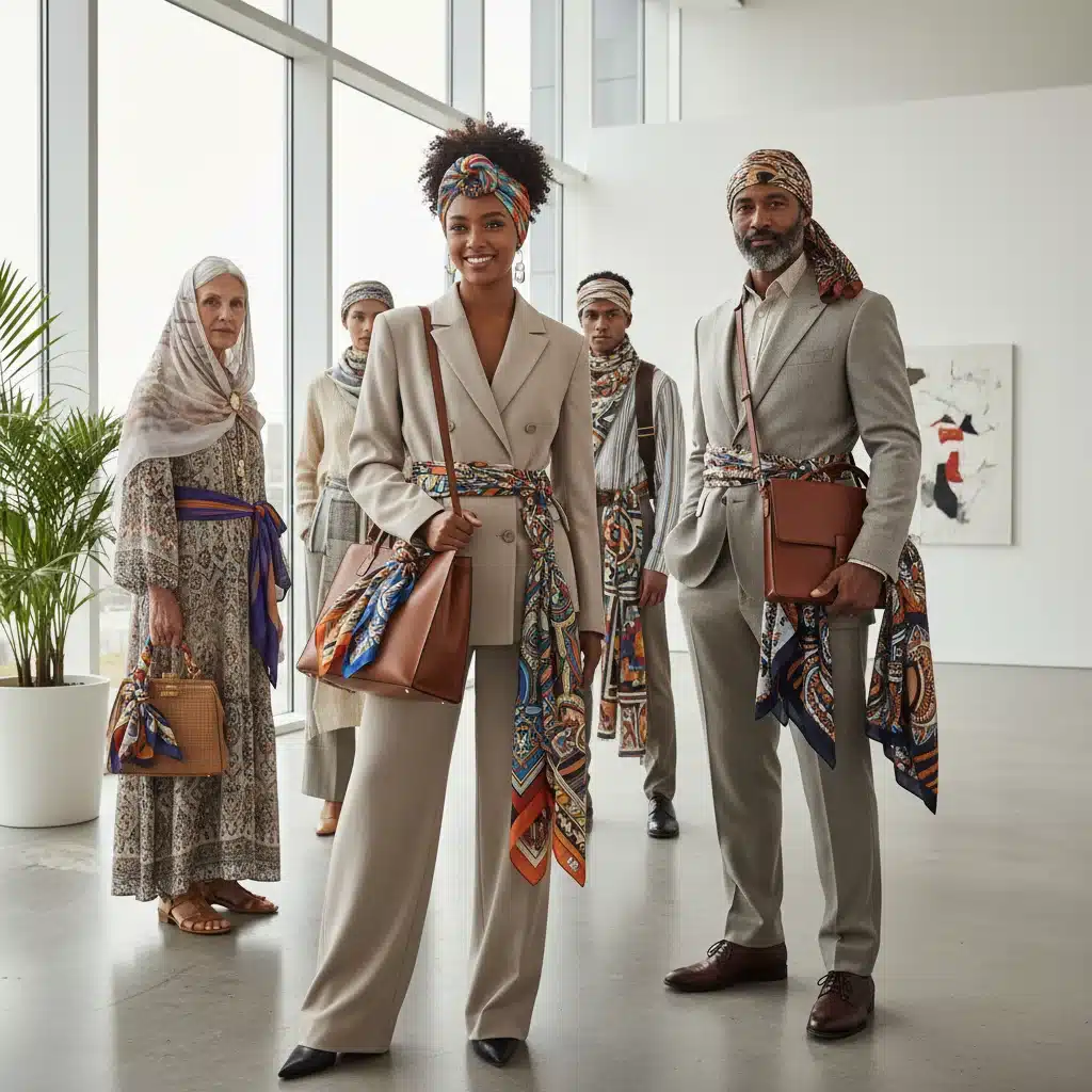 Diverse individuals wearing scarves as headwear, belts, and bag accessories
