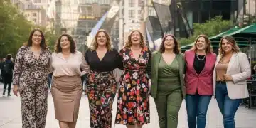 Diverse curvy women confidently showcasing flattering fashion in an urban environment.