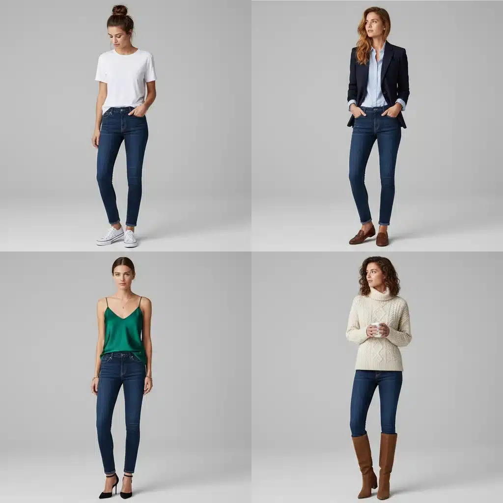 Four diverse outfits created with a single pair of dark wash jeans