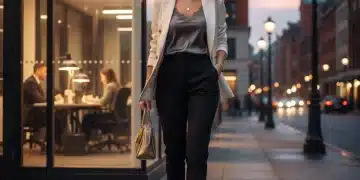 Woman in versatile blazer transitioning outfit from day to night city street