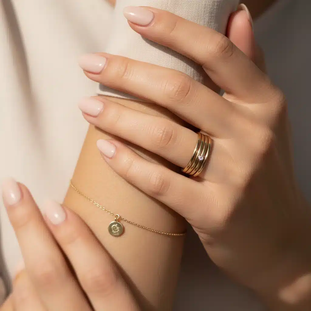 Woman wearing delicate gold chain bracelet and stacked rings