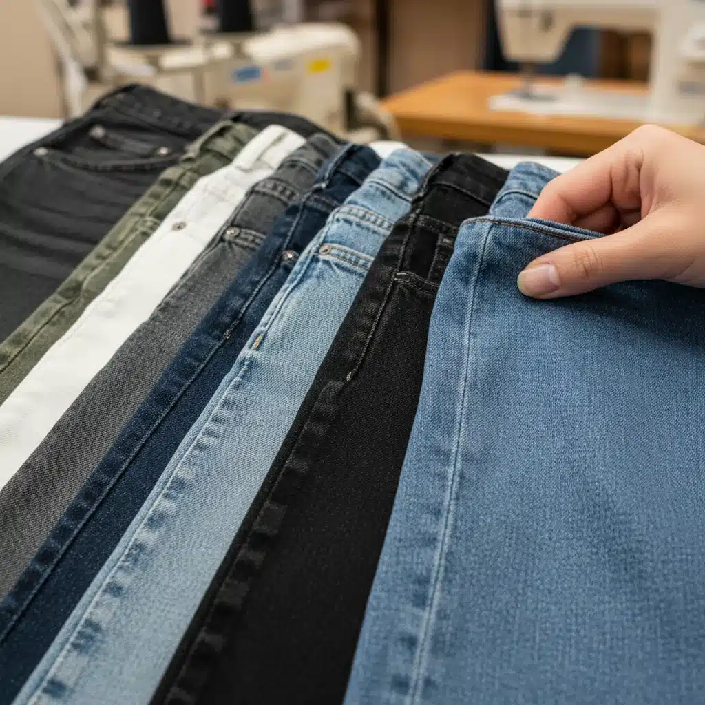 Close-up of diverse denim fabric swatches, highlighting texture and wash quality