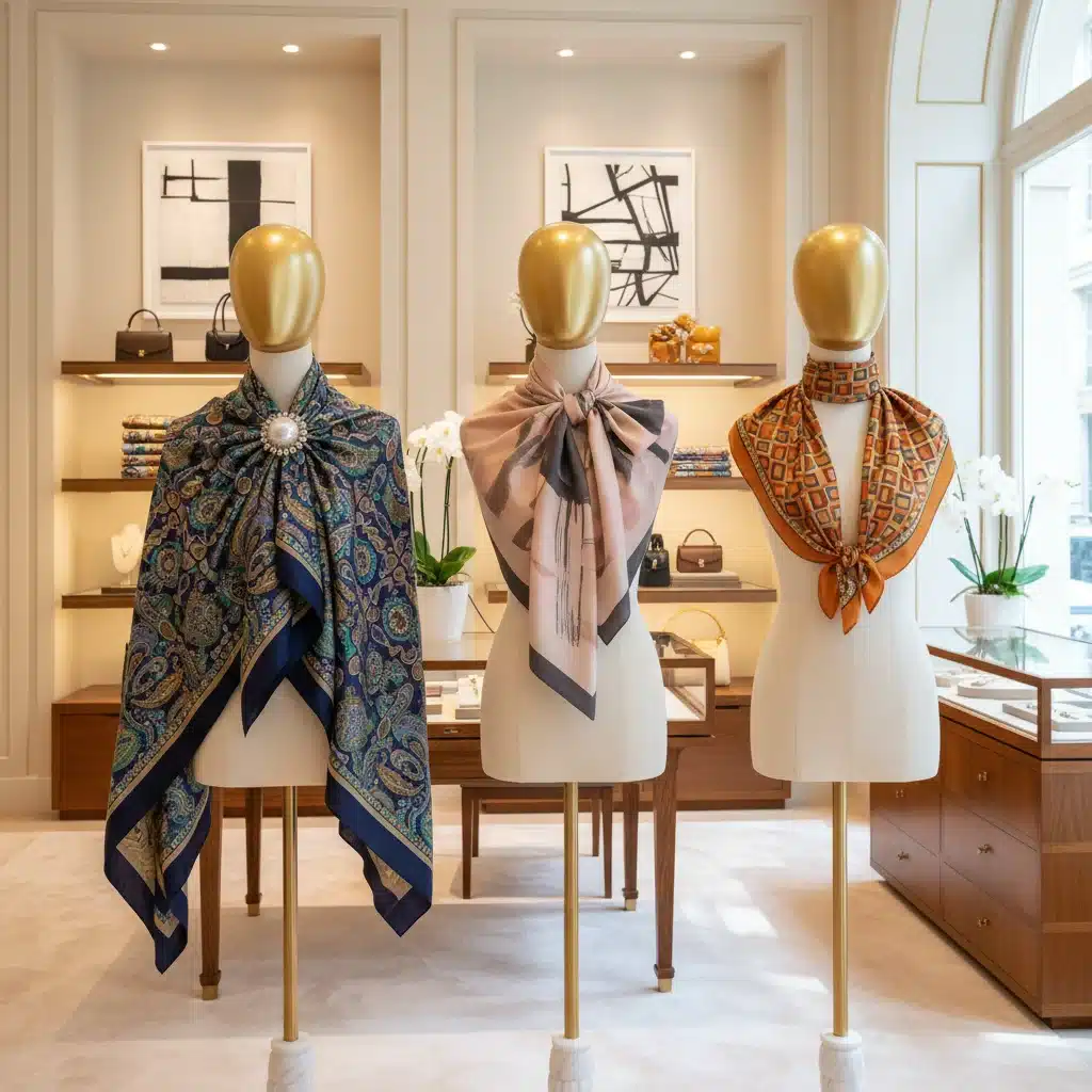 Collection of designer scarves displayed in a boutique