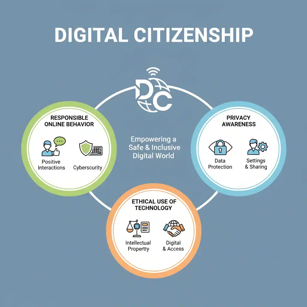 Infographic detailing components of digital citizenship and responsible online behavior