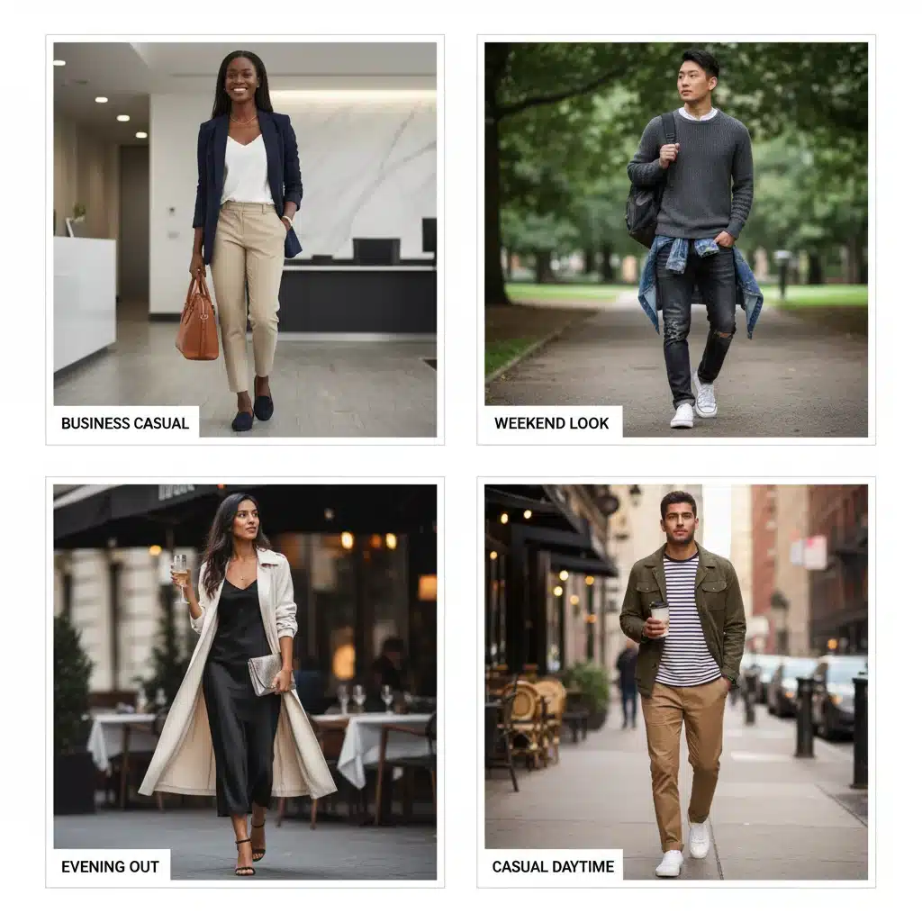 Collage of diverse outfits created from core wardrobe pieces
