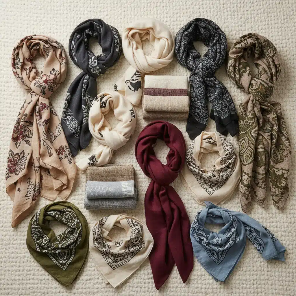 Assortment of silk, cashmere, and cotton scarves with various prints and textures.