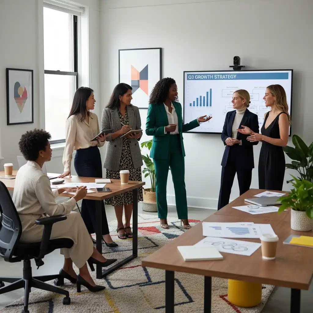 Diverse professional women collaborating in modern office