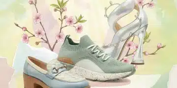 Collage of early spring 2026 footwear trends, showcasing sustainable sneakers, architectural heels, and retro styles.