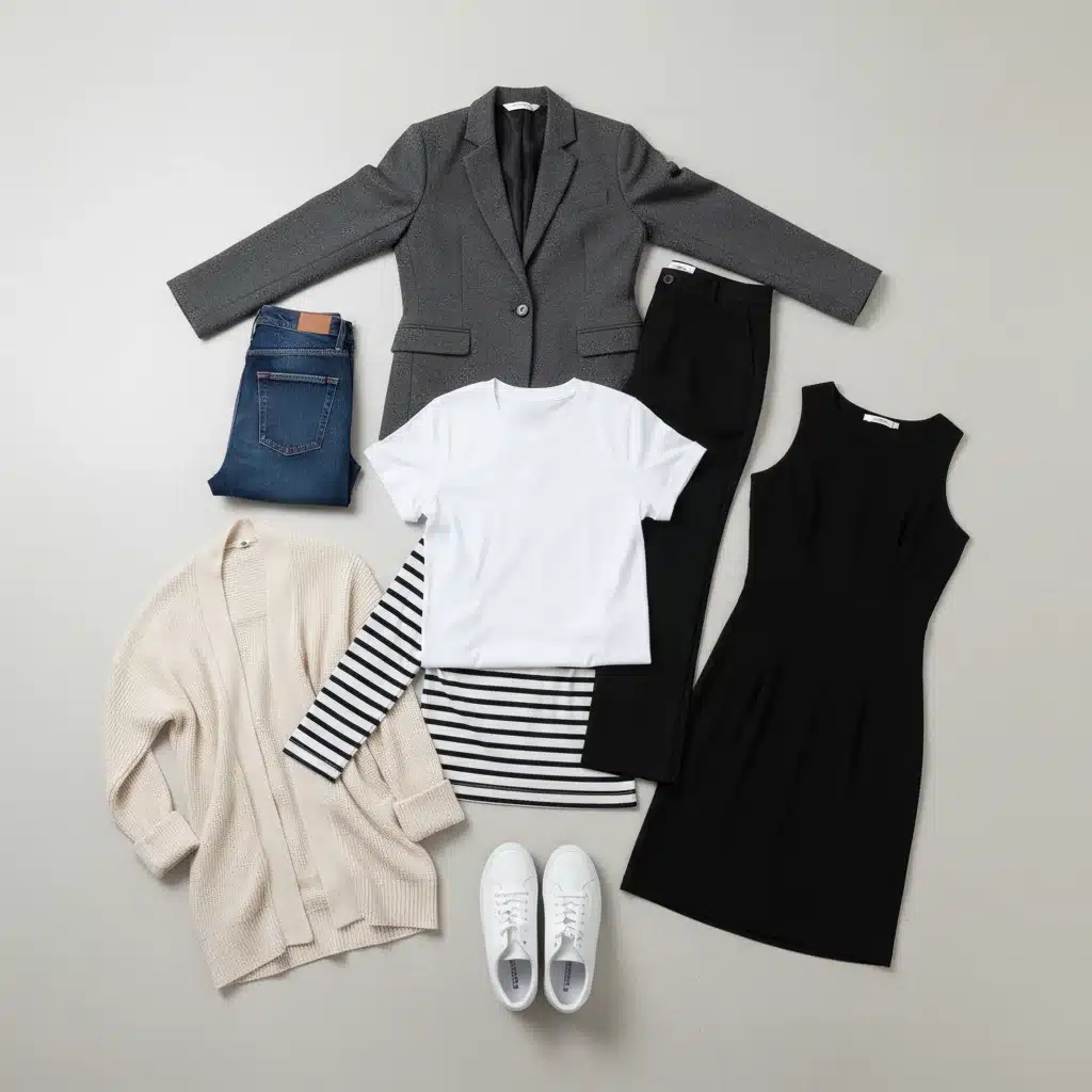 Eight essential wardrobe staples laid out for mix and match