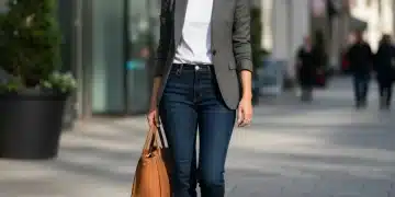 Woman in tailored blazer and jeans, showcasing elevated everyday style