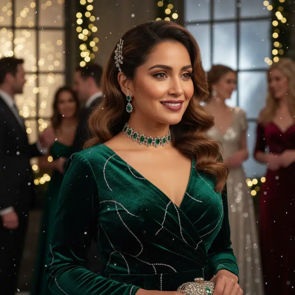 Woman in elegant emerald velvet gown for winter party.
