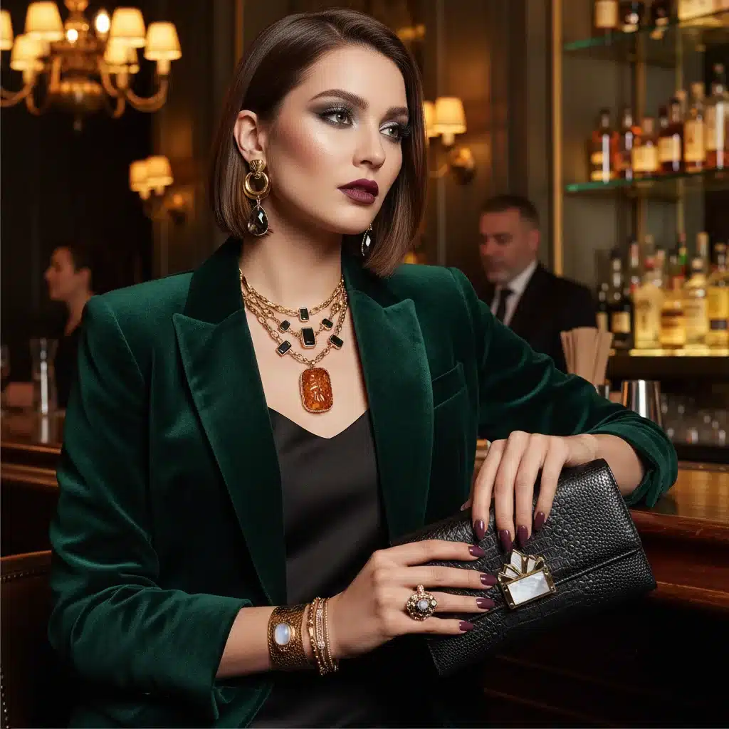Woman adding statement jewelry and clutch for evening look