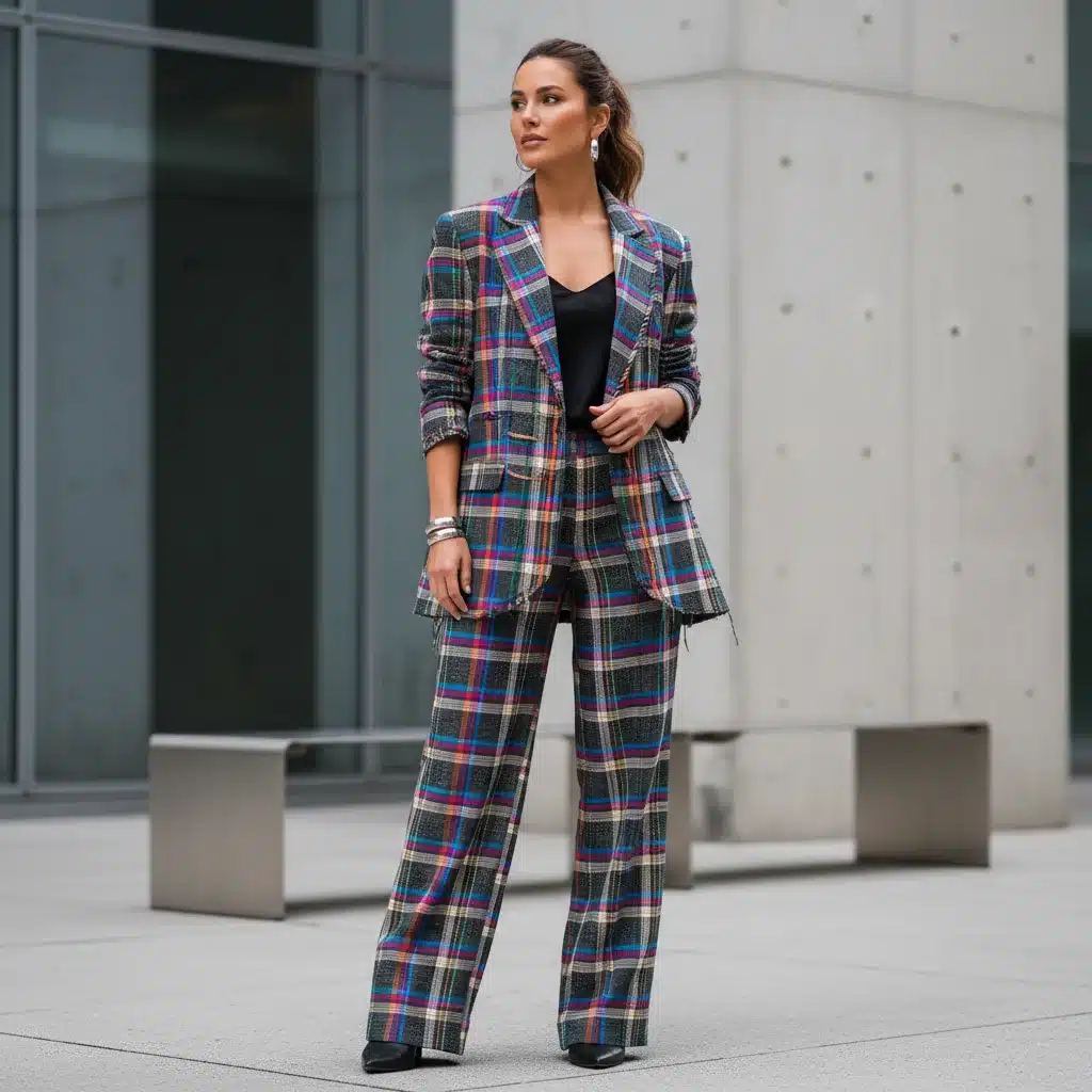 Model in contemporary deconstructed plaid blazer, showcasing fall 2026 trend.