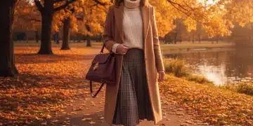 Stylish woman in fall fashion walking through autumn leaves